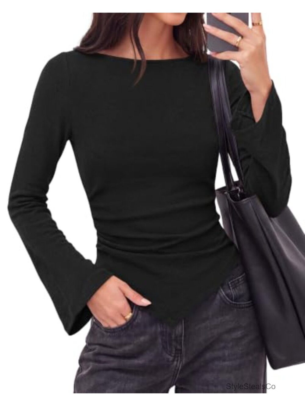 Bell Long Sleeve Boat Neck Asymmetrical Shirt High Stretch Ribbed Knit